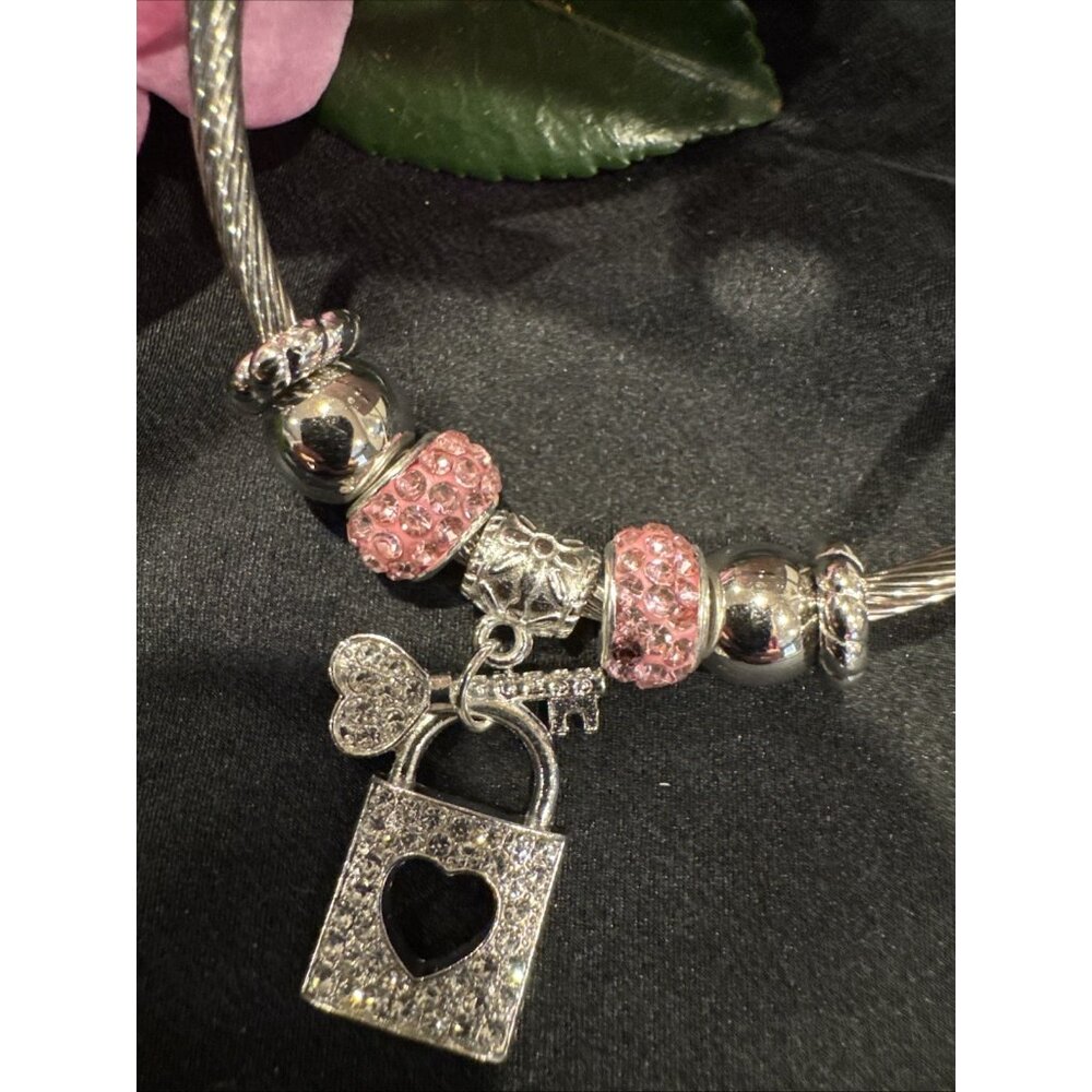 Mint Stainless Steel Heart PadLock Crystals Charm Silvertone Bangle Bracelet NEW - Picture 3 of 7